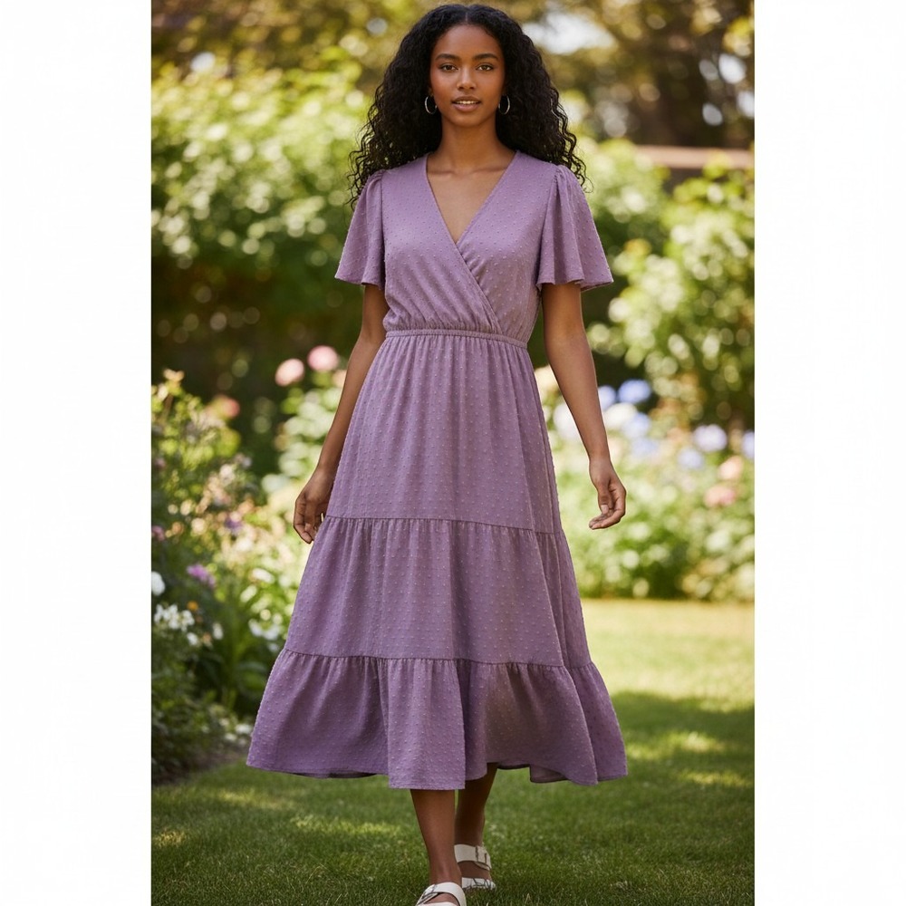Mascomoda Purple Swiss Dot Midi Dress Short Flutter Sleeve Wrap V-Neck XL NWT